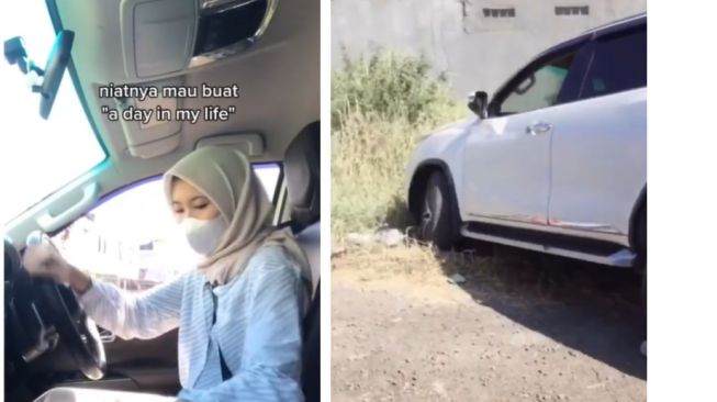 Gara-Gara Ngebet Bikin Konten, Toyota Fortuner Wanita Cantik Ini Malah Nyungsep ke Lubang