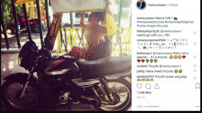 Naik motor roda 3,ada yang tau mau kemana Maria Ozawa? (Instagram)