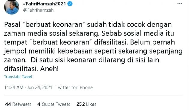 Cuitan Fahri Hamzah soal pasal berbuat keonaran (twitter)