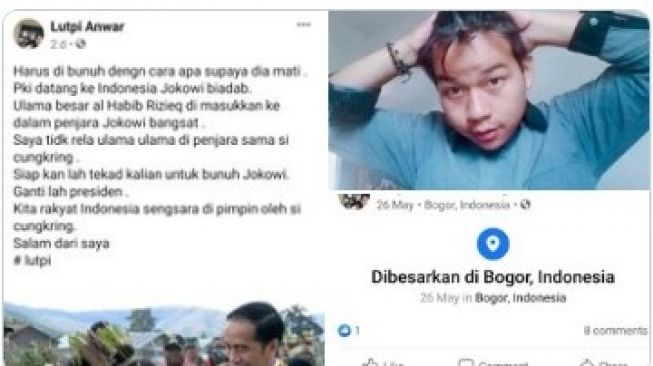 Presiden Jokowi mau dibunuh. Pelakunya seorang netizen di Facebook. Dia mengatakan Jokowi biadab.