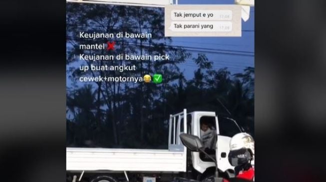 Jemput Pacar Kehujanan, Viral Pria Ini Sampai Bawa Mobil Pikap untuk Angkut Motor