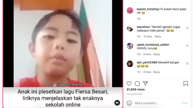 Tangkapan layar video anak yang mencurahkan bosan mengikuti sekolah online. [Instagram/@kepoin_trending]