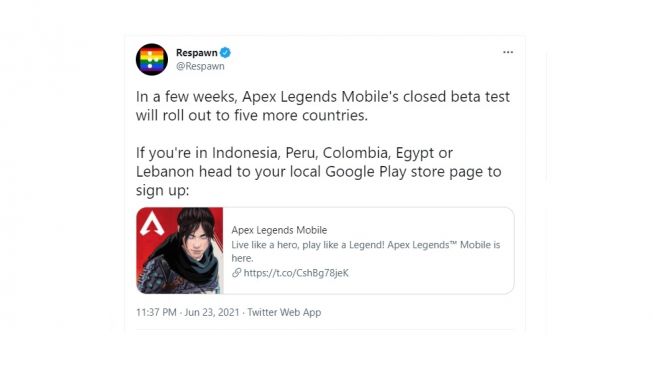 Cuitan pengumuman masuknya Apex Legends ke Indonesia. [Twitter]