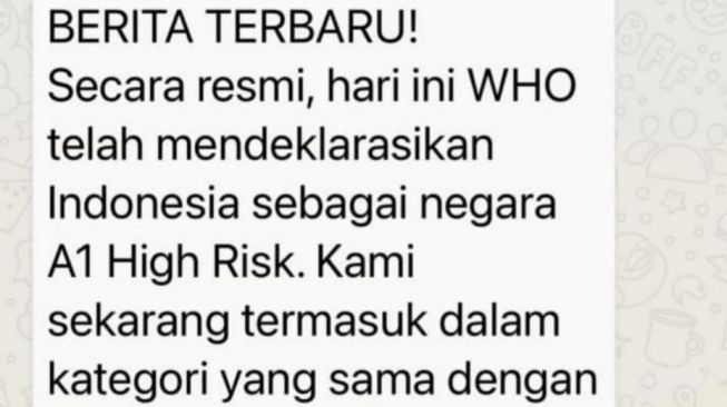 CEK FAKTA: WHO Sebut Indonesia Negara A1 High Risk Setara Brasil dan India?