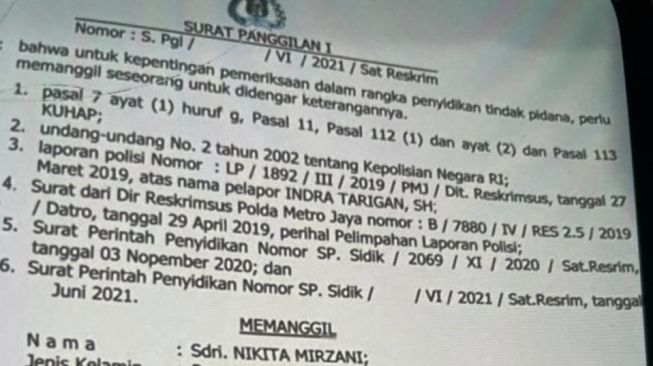 Beredar surat pemanggilan Nikita Mirzani sebagai tersangka [istimewa]