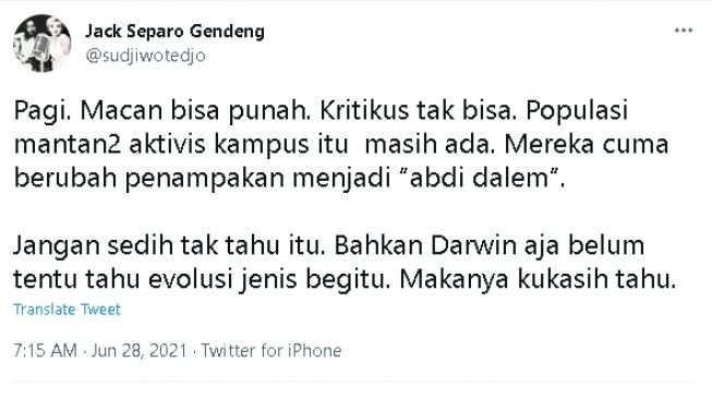 Cuitan Sudjiwo Tedjo soal mantan aktivis kampus (twitter)