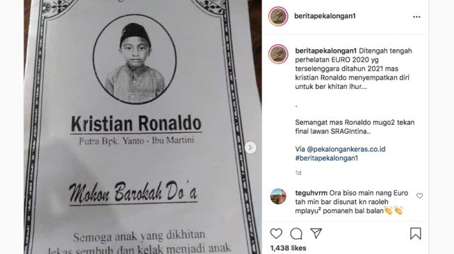 Surat syukuran kristiano ronaldo khitanan. [Instagram/@beritapekalongan1]