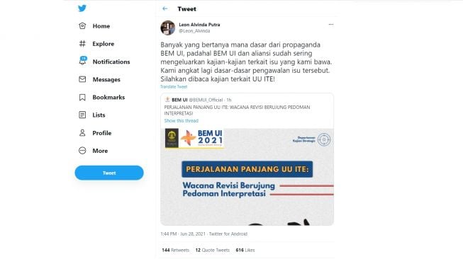 Dasar Propaganda BEM UI Dipertanyakan, ini Jawaban Leon Alvinda (Twitter/Leon_alvinda)