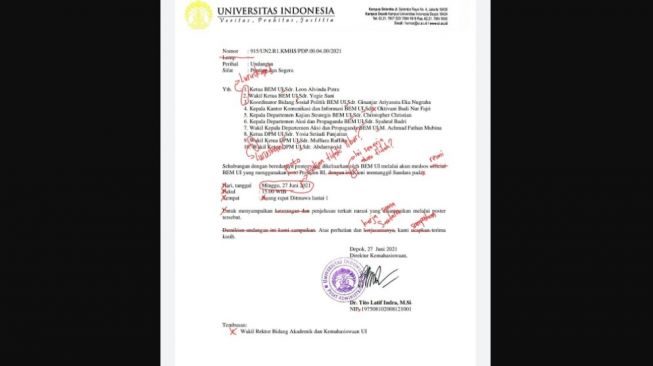 Penampakan surat rektorat panggil BEM UI yang dicoret bak skripsi (Twitter)