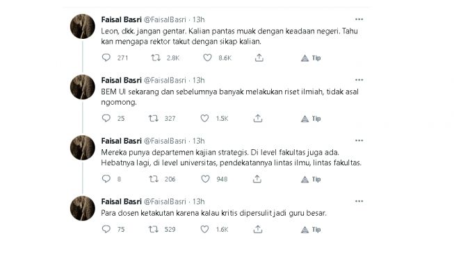 Cuitan Faisla Basri dukung BEM UI (twitter)