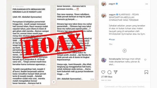 Cek Fakta Tulisan AA Gym Perjuangan Kita Nahan Diri di Rumah pun Dikhianati Rezim (turnbackhoax.id)