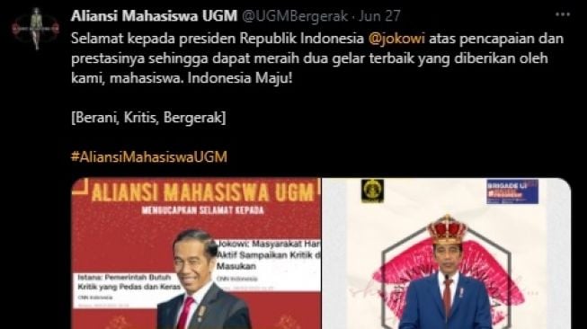 Jokowi Diberi Gelar Juara Baru oleh Aliansi Mahasiswa UGM. (Twitter/@UGMBergerak)