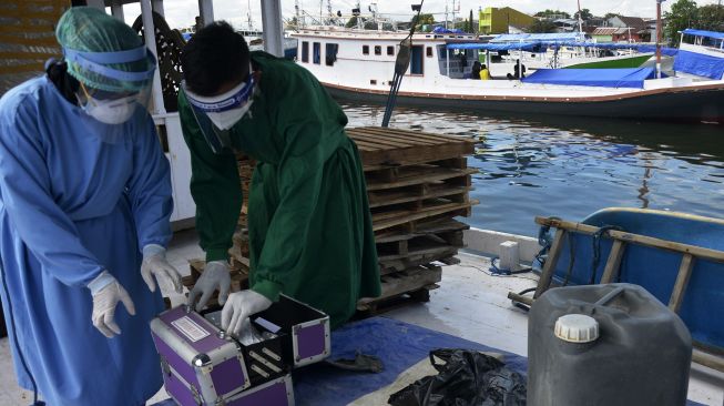 Tim medis TNI Angkatan Laut bersiap melakukan vaksinasi di atas kapal nelayan di Pelabuhan Paotere, Makassar, Sulawesi Selatan, Selasa (29/6/2021). [ANTARA FOTO/Abriawan Abhe]