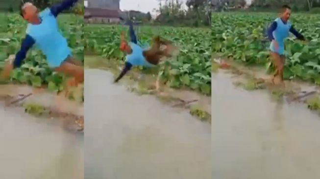 Viral! Kecewa Ladang Terendam Banjir, Petani Nekat Salto ke Dalam Genangan Air