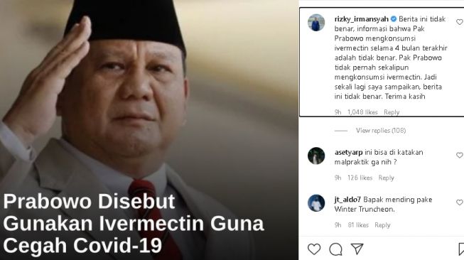 Ajudan Prabowo beri bantahan soal berita Prabowo konsumsi Ivermectin (Instagram)
