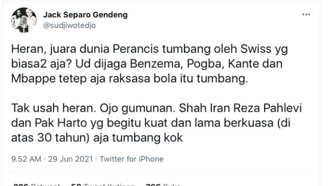 Utasan budayawan Sujiwo Tejo saat memberikan komentar Prancis tumbang di Euro 2020. [Twitter]