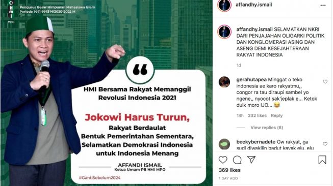 Unggahan Ketua PB HMI MPO, Affandi Ismail. [Instagram]