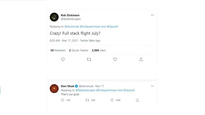 Cuitan Elon Musk soal rencana meuncurkan Starship ke orbit Bulan. [Twitter] 