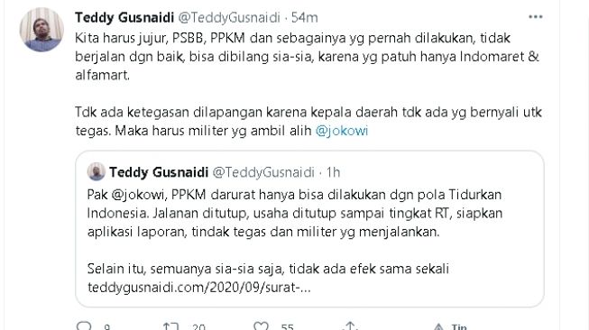 Cuitan Teddy Gusnaidi 'Tidurkan Indonesia' (twitter)