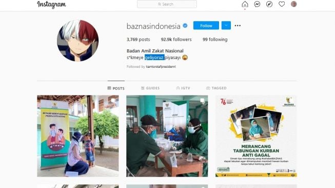 Akun Instagram Baznas Diretas, Bio Diganti Pakai Bahasa Turki