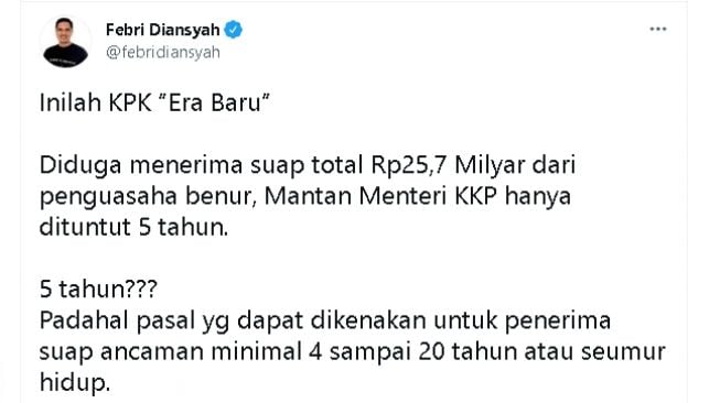 Cuitan Febri Diansyah soal tuntutan hukuman Edhy Prabowo (twitter)