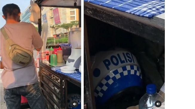 Penjual minuman di pinggir jalan jadi sorotan karena menyimpan atribut polisi di bawah gerobak (Instagram)