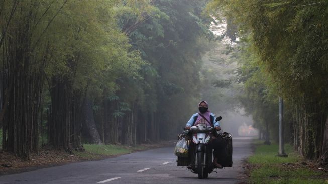 Pengendara melintas di kawasan Taman Harmoni dan Hutan Bambu di Surabaya, Jawa Timur, Kamis (1/7/2021). ANTARA FOTO/Didik Suhartono