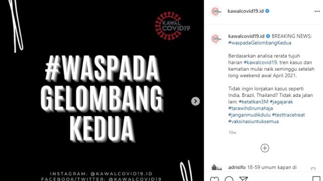 Prediksi KawalCovid19 lonjakan covid-19. (Instagram/kawalcovid19)