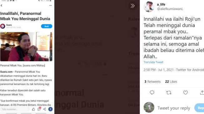 Cuitan warganet ucapan berduka meninggalnya Mbak Yu. [Twitter]