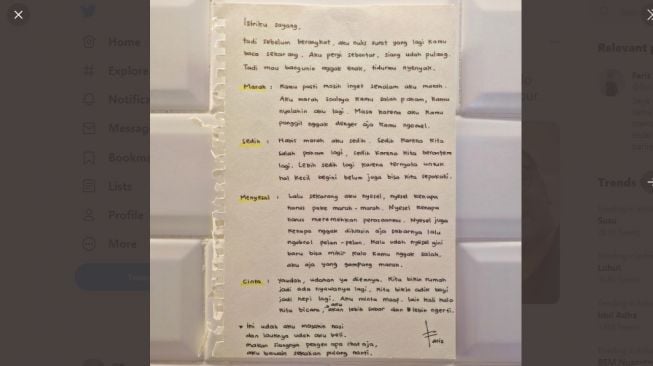 Surat romantis suami untuk istrinya. [Twitter]