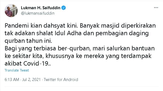 Cuitan mantan Menag soal Idul Adha 2021 (twitter)