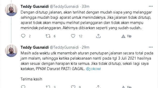 Cuitan Teddy Gusnaidi soal PPKM darurat (twitter)