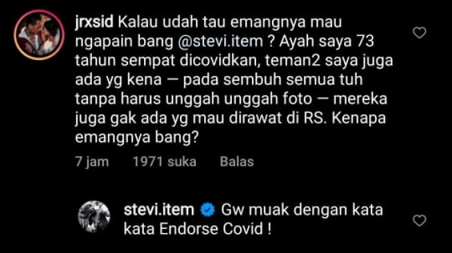 Stevie Item menanggapi komentar Jerinx soal endorsement Covid-19. [stevi.item ]