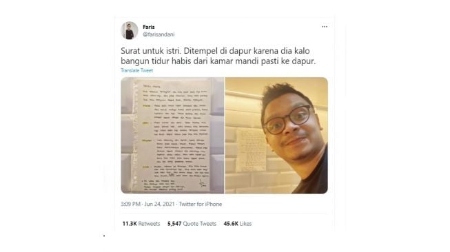 Surat romantis suami untuk istrinya. [Twitter]