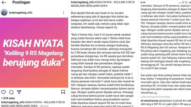 Unggahan kisah seorang kakek tua akhirnya meninggal setelah ditolak 9 rumah sakit di Magelang. [Instagram/@kotamagelang_info]. 