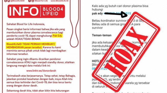 CEK FAKTA: Benarkah Pesan Berantai Info Donor Plasma dari Blood For Life Indonesia?