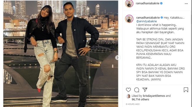 Unggahan Nia Ramadhani memberi support kakak ipar. [Instagram/ramadhaniabakrie]