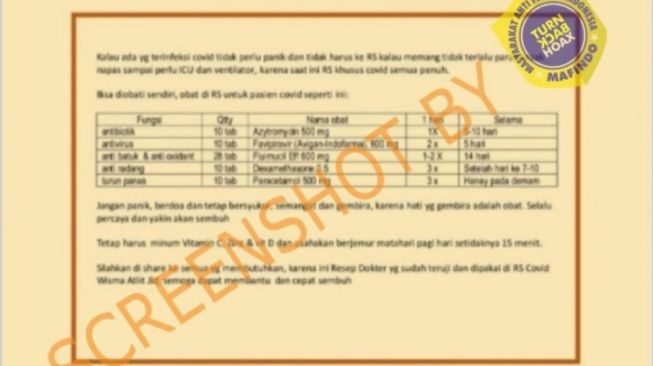 CEK FAKTA: Benarkah Daftar Obat dari RS Ini Boleh Dipakai Sendiri oleh Pasien Covid-19?