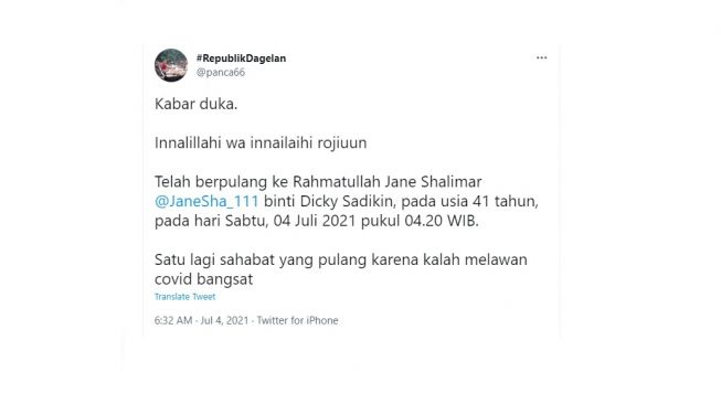 Cuitan warganet ucapan berduka meninggalnya Jane Salimar. [Twitter]