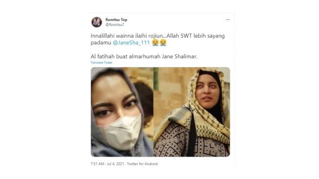 Cuitan warganet ucapan berduka meninggalnya Jane Salimar. [Twitter]