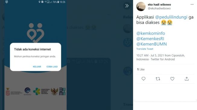 PeduliLindungi error. [Twitter]