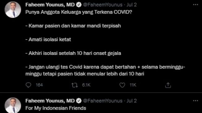 Cuitan dr Faheem Younus Soal Isolasi Mandiri. (Twitter/@FaheemYounus)