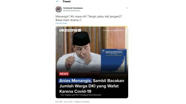 Ferdinand Hutahaean Soroti Tangis Anies Bacakan Jumlah Kematian Covid-19