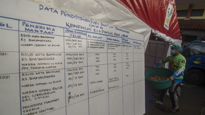 Petugas membawa telur rebus untuk dikemas di dapur umum Kementerian Sosial (Kemensos) RI di BRSPDSN Wyata Guna, Bandung, Jawa Barat, Senin (5/7/2021). [ANTARA FOTO/Novrian Arbi]