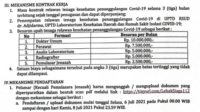 Surat pengumuman relawan nakes Covid-19 Kabupaten Lebak. [Istimewa]