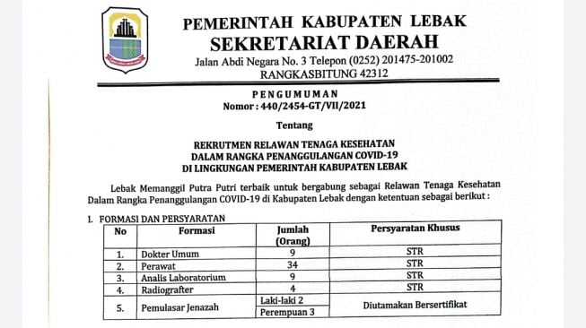 Surat pengumuman relawan nakes Covid-19 Kabupaten Lebak. [Istimewa]