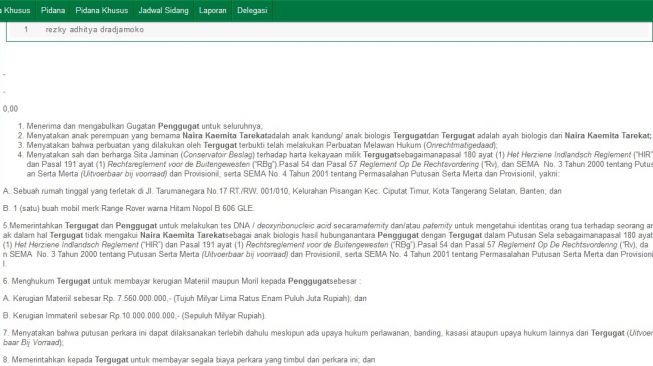 Isi tuntutan perempuan berinisia W terhadap Rezky Aditya. [Caputre situs PN Tangerang]