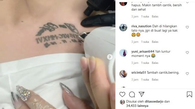 Celine Evangelista hapus tato di dada, yang menunjukkan tanggal pernikahannya dengan Stefan William. [Instagram]