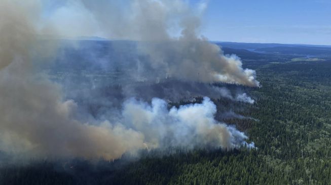 Foto udara menunjukkan kebakaran hutan di barat daya Danau Deka, British Columbia, Kanada, pekan lalu. [BC Wildfire Service / AFP]