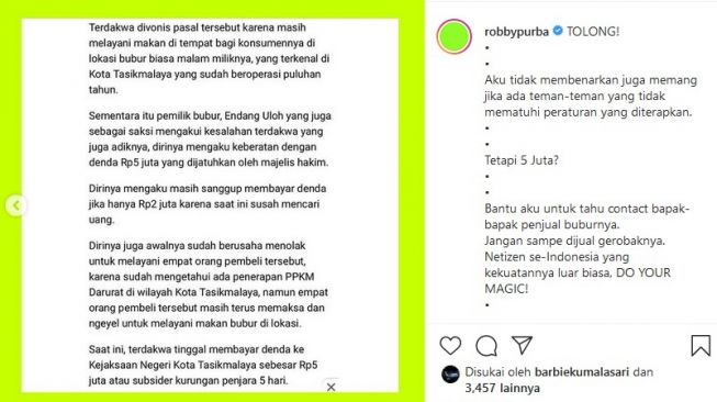 Robby Purba mengkritisi hukuman denda Rp 5 juta terhadap tukang bubur, yang dianggap melanggar PPKM Darurat. [Instagram]
